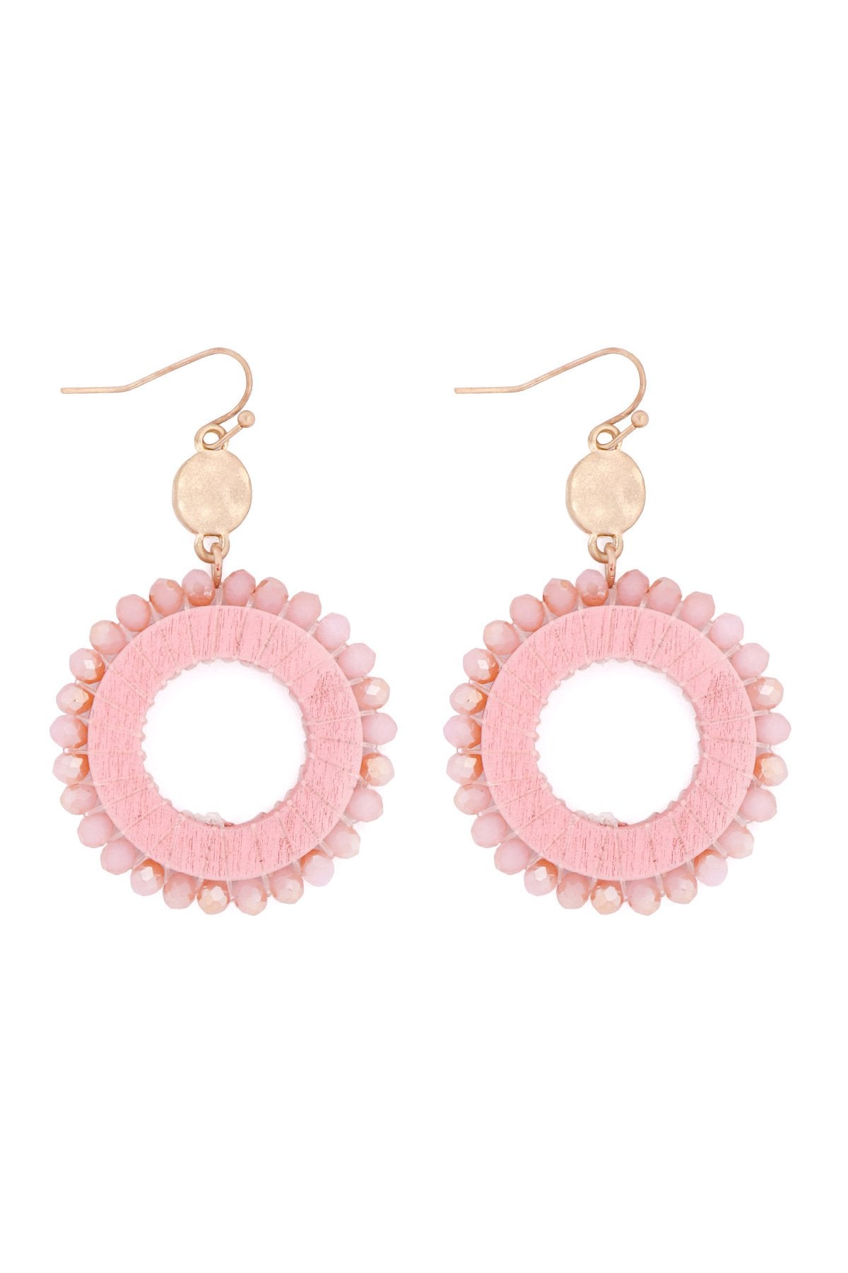 Glass Beaded Wood Hoop Drop Earrings