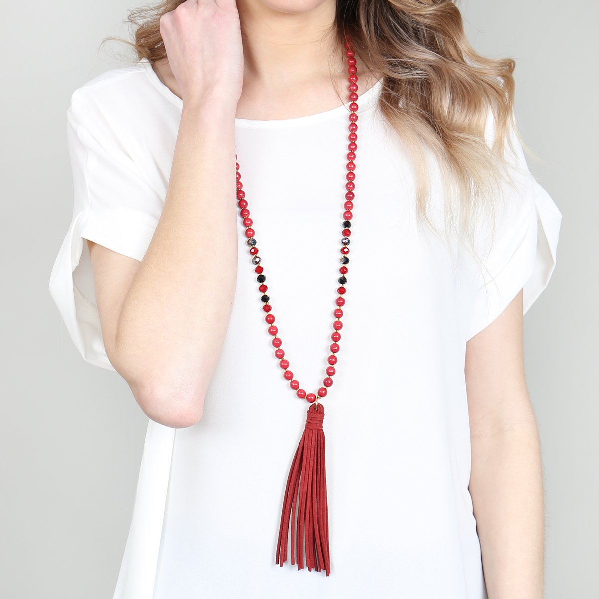 Beaded Necklace With Leather Tassel