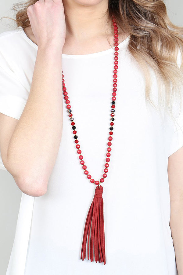 Beaded Necklace With Leather Tassel
