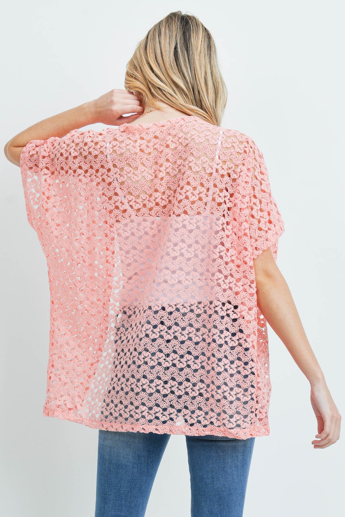 Pn231x017i1 - Pink Hip Length Crochet Kimono