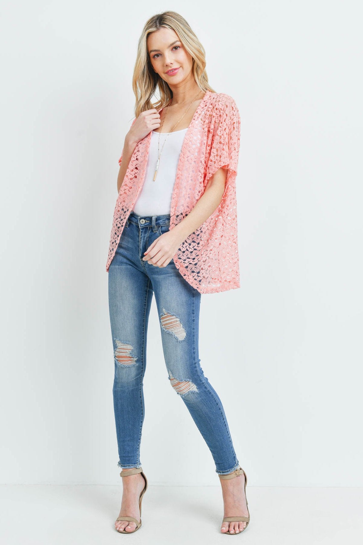 Pn231x017i1 - Pink Hip Length Crochet Kimono