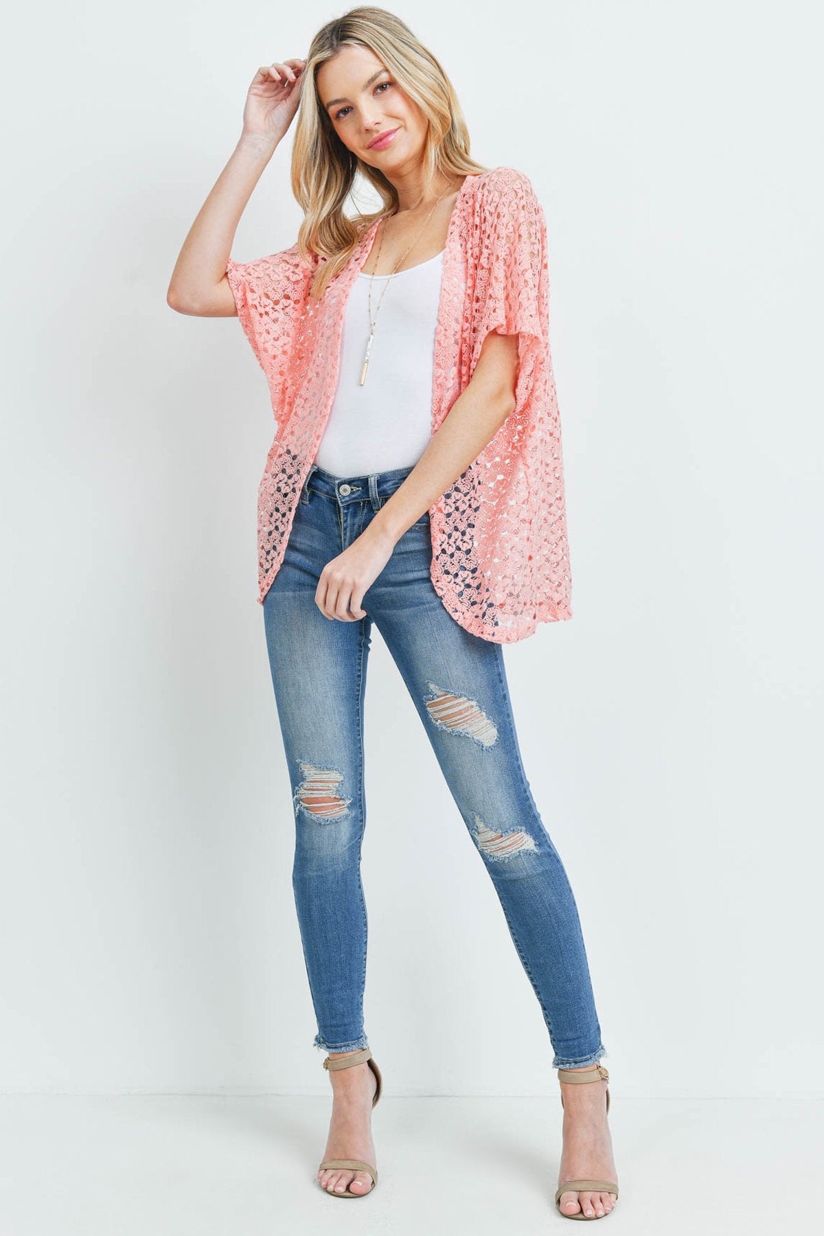 Pn231x017i1 - Pink Hip Length Crochet Kimono