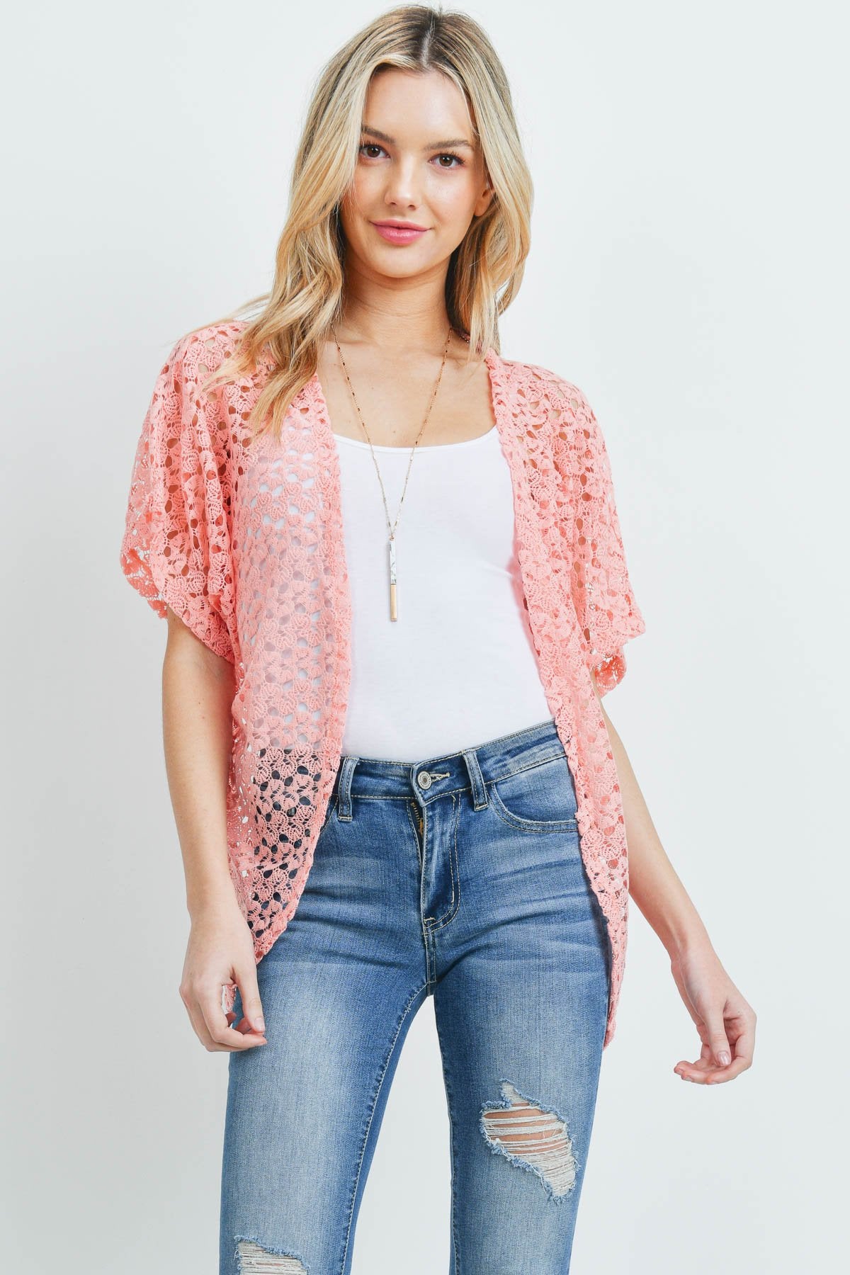 Pn231x017i1 - Pink Hip Length Crochet Kimono