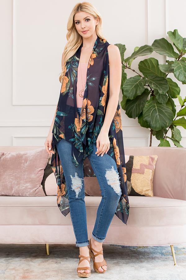 Pn328x040m - Black Sleeveless Floral Open Front Kimono