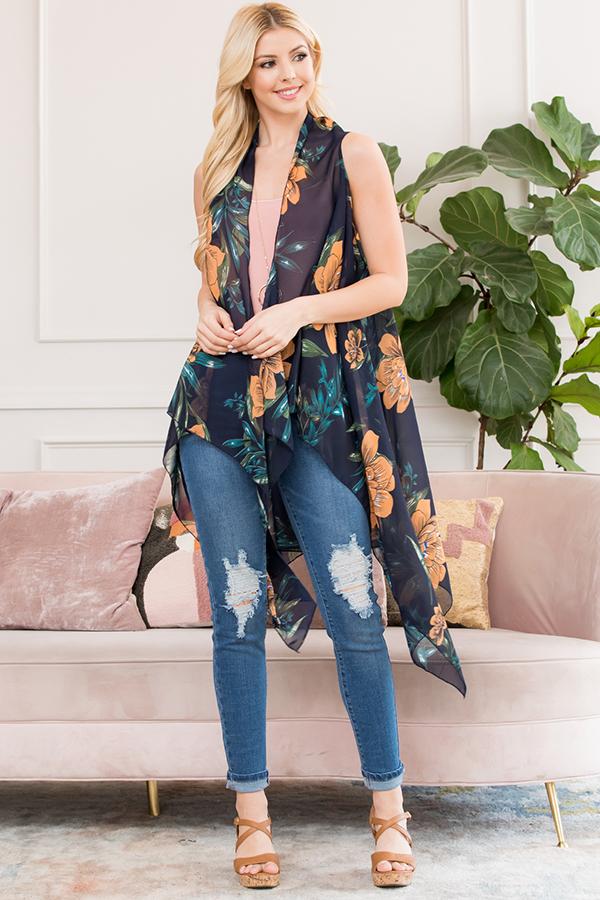 Pn328x040m - Black Sleeveless Floral Open Front Kimono
