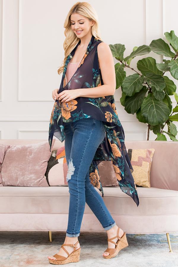 Pn328x040m - Black Sleeveless Floral Open Front Kimono