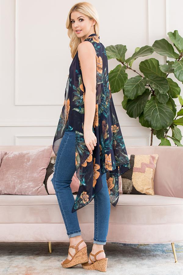 Pn328x040m - Black Sleeveless Floral Open Front Kimono