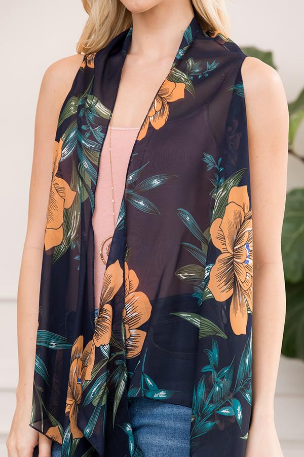 Pn328x040m - Black Sleeveless Floral Open Front Kimono