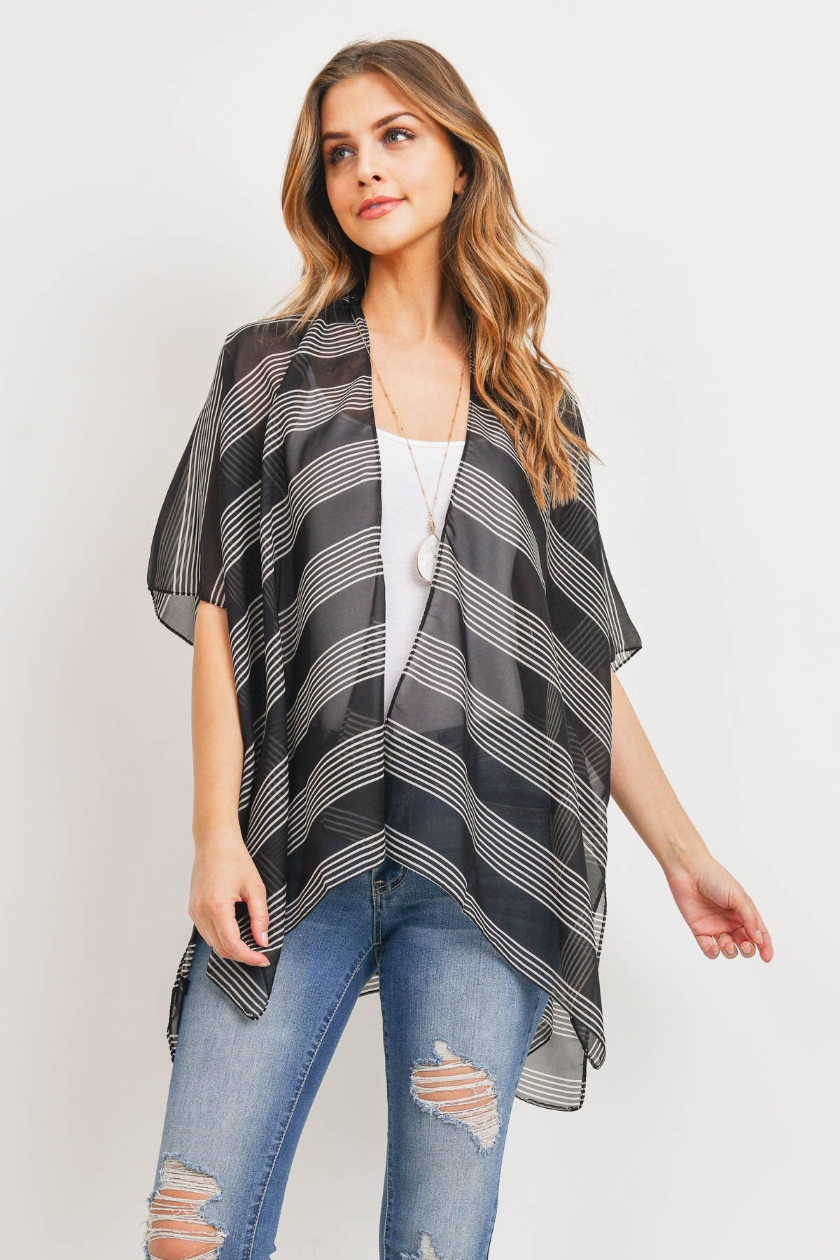 Pn328x045g - Black Mid Thigh Striped Kimono