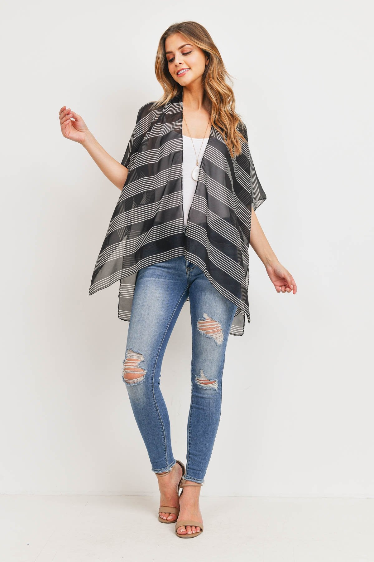 Pn328x045g - Black Mid Thigh Striped Kimono
