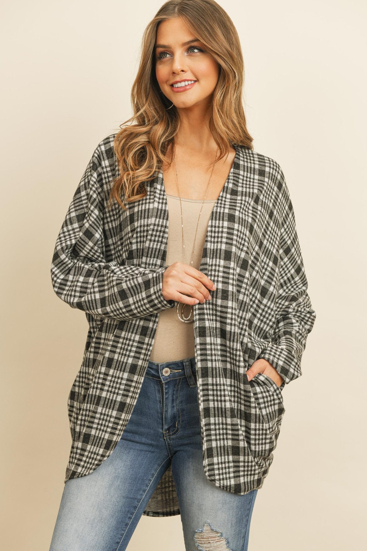 Plaid Round Hem Pocket Open Cardigan