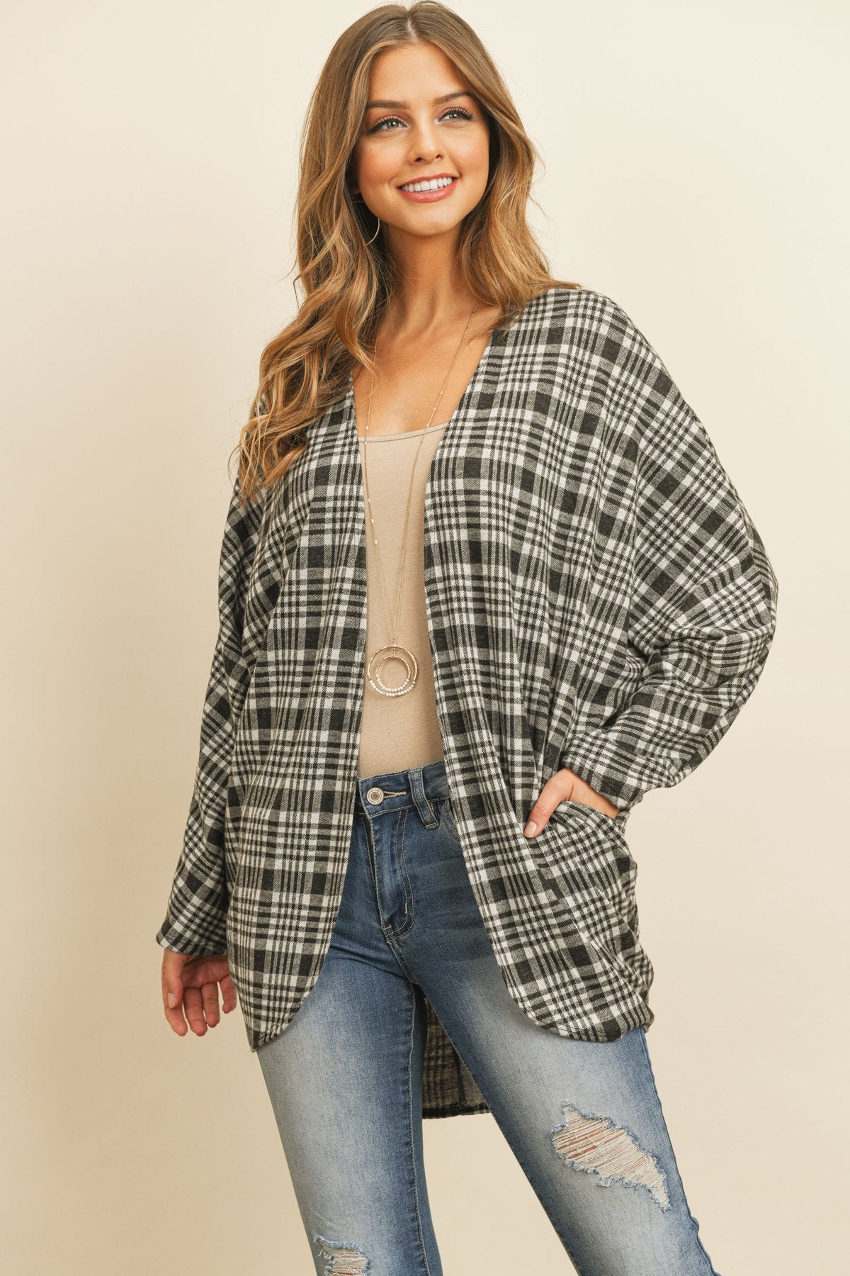 Plaid Round Hem Pocket Open Cardigan
