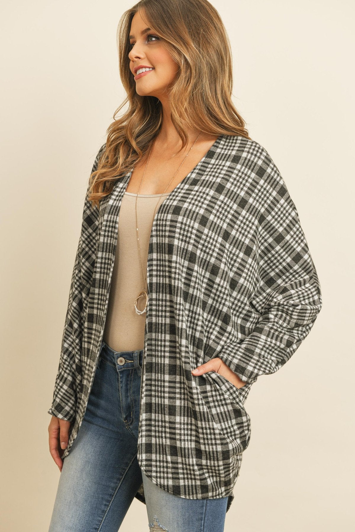 Plaid Round Hem Pocket Open Cardigan