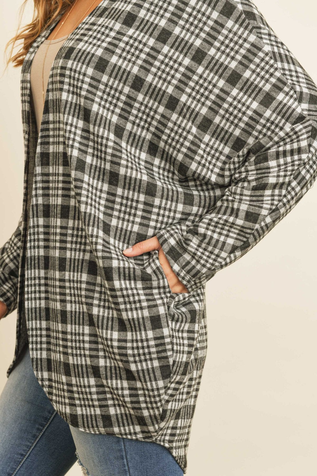 Plaid Round Hem Pocket Open Cardigan