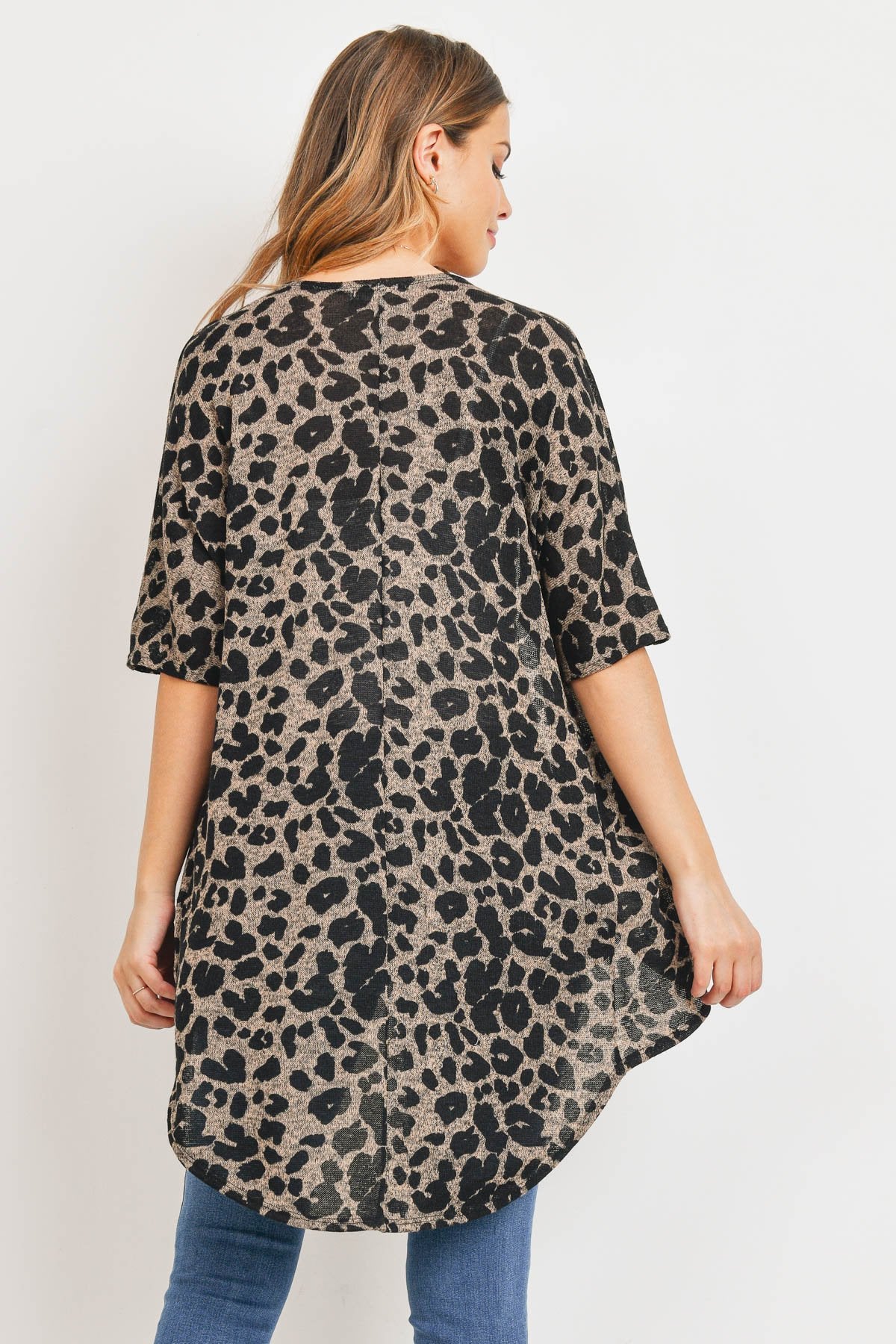 Leopard Short Sleeves Open Front Hi-Low Cardigan