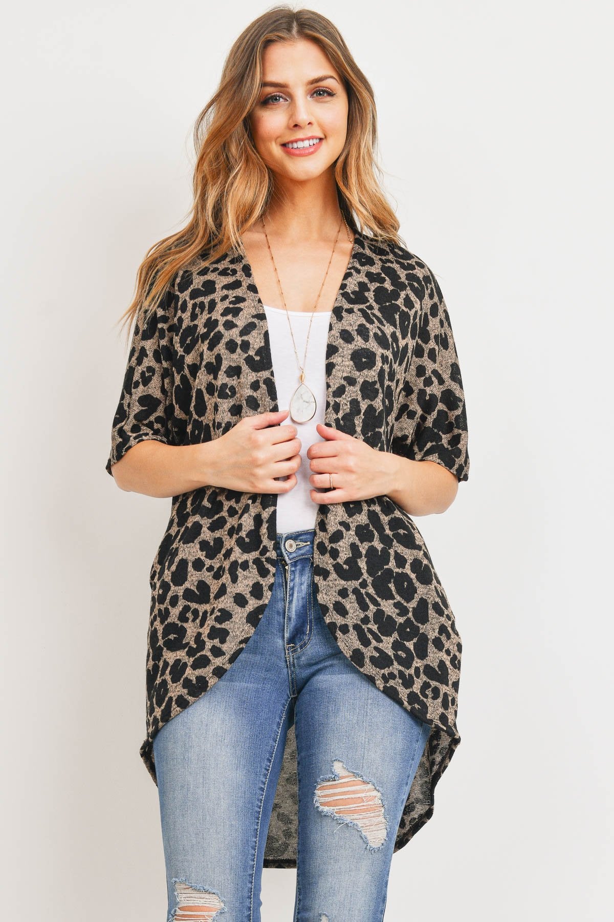 Leopard Short Sleeves Open Front Hi-Low Cardigan