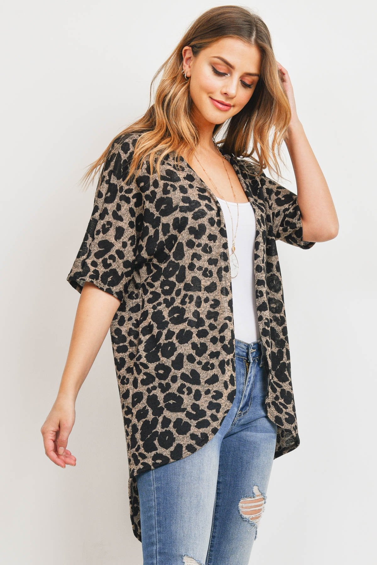 Leopard Short Sleeves Open Front Hi-Low Cardigan