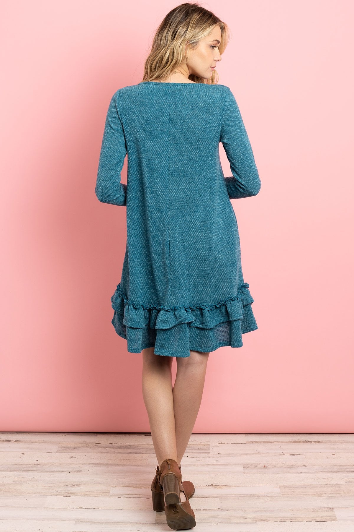 Quarter Sleeve Drake Layered Ruffle Hem Dress