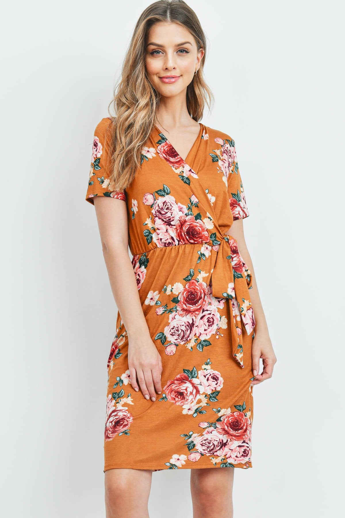 Surplice Neckline Ribbon Detail Floral Dress