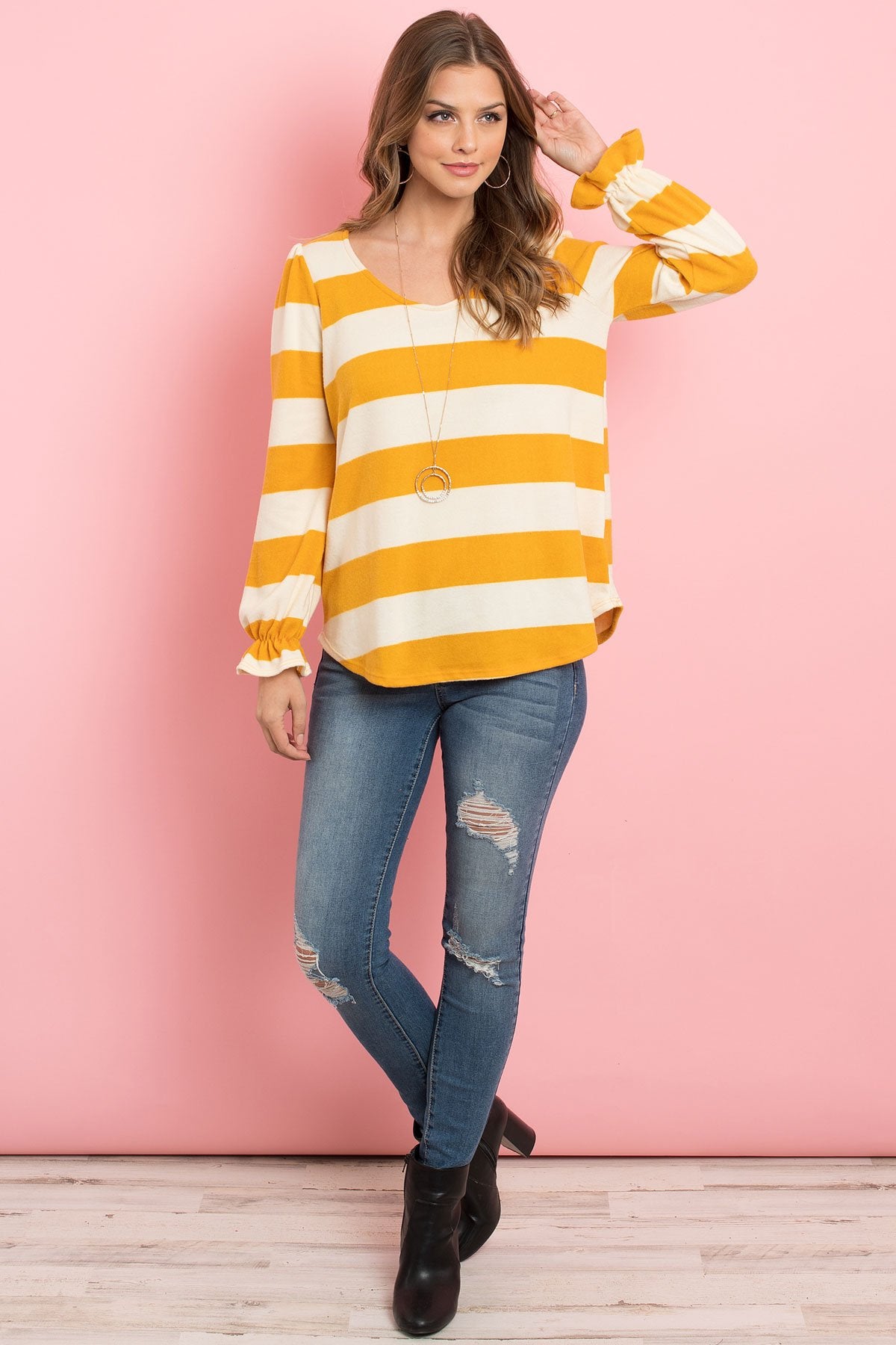 Stripes Ruffle Sleeved Round Hem Hacci Top