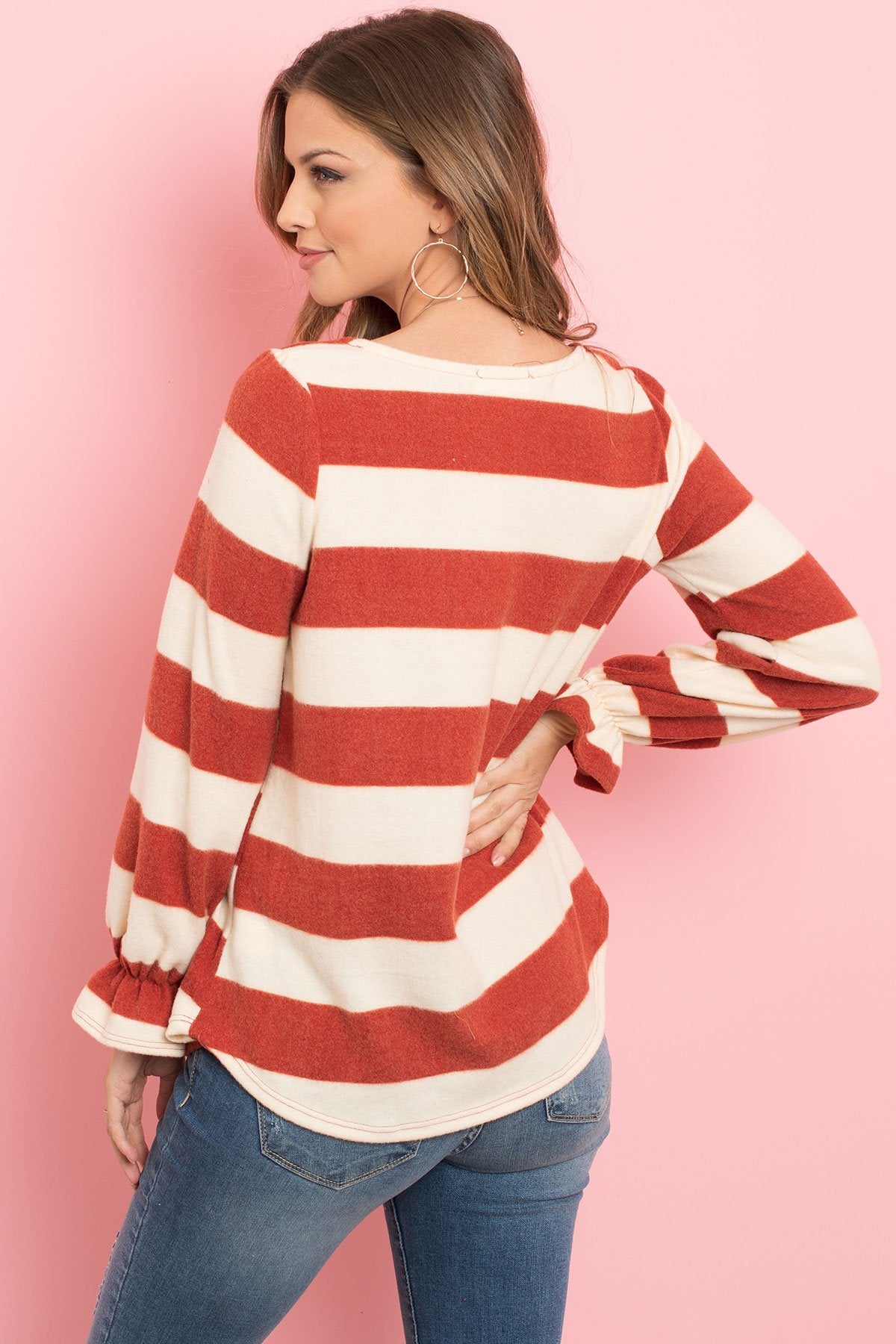 Stripes Ruffle Sleeved Round Hem Hacci Top