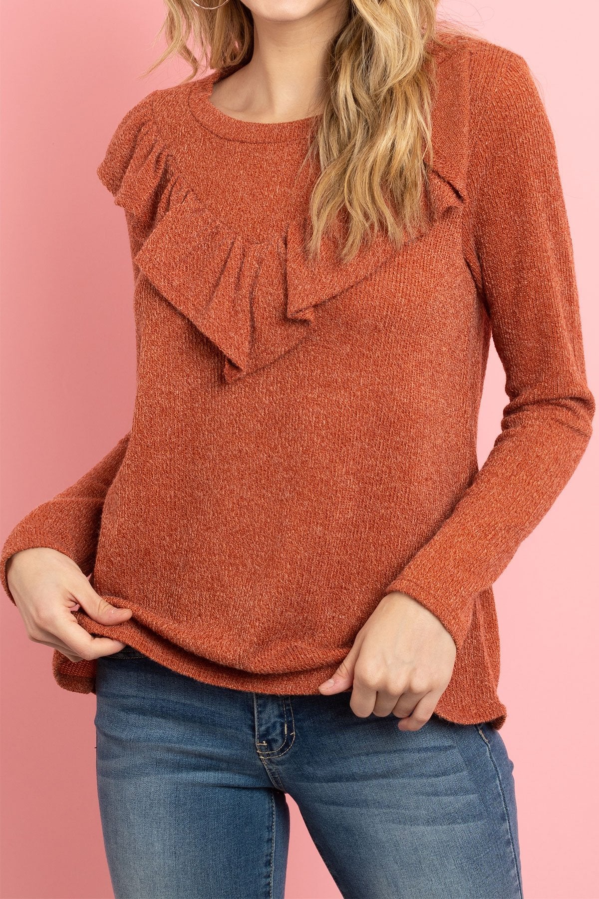 V-Shaped Ruffle Detail Long Sleeve Top