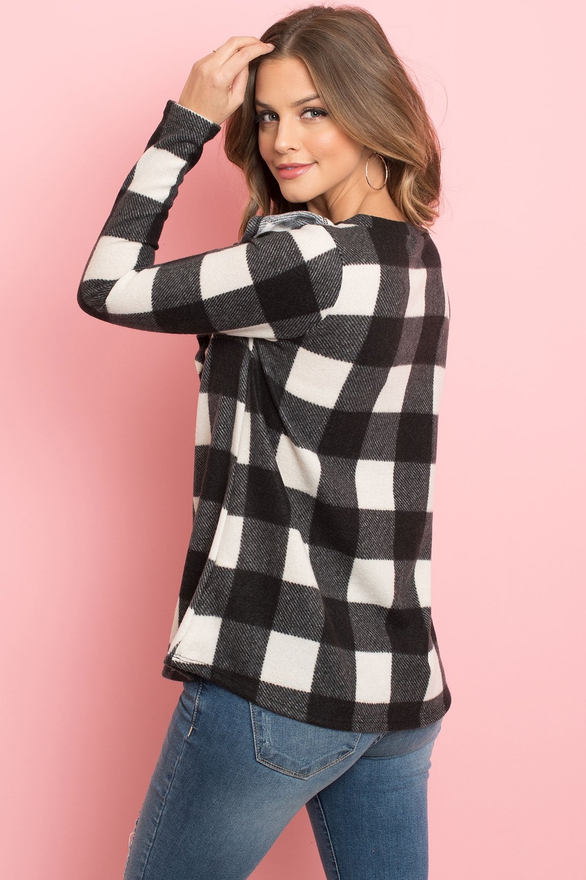 V-Shaped Brushed Plaid Ruffle Detail Long Sleeve Top