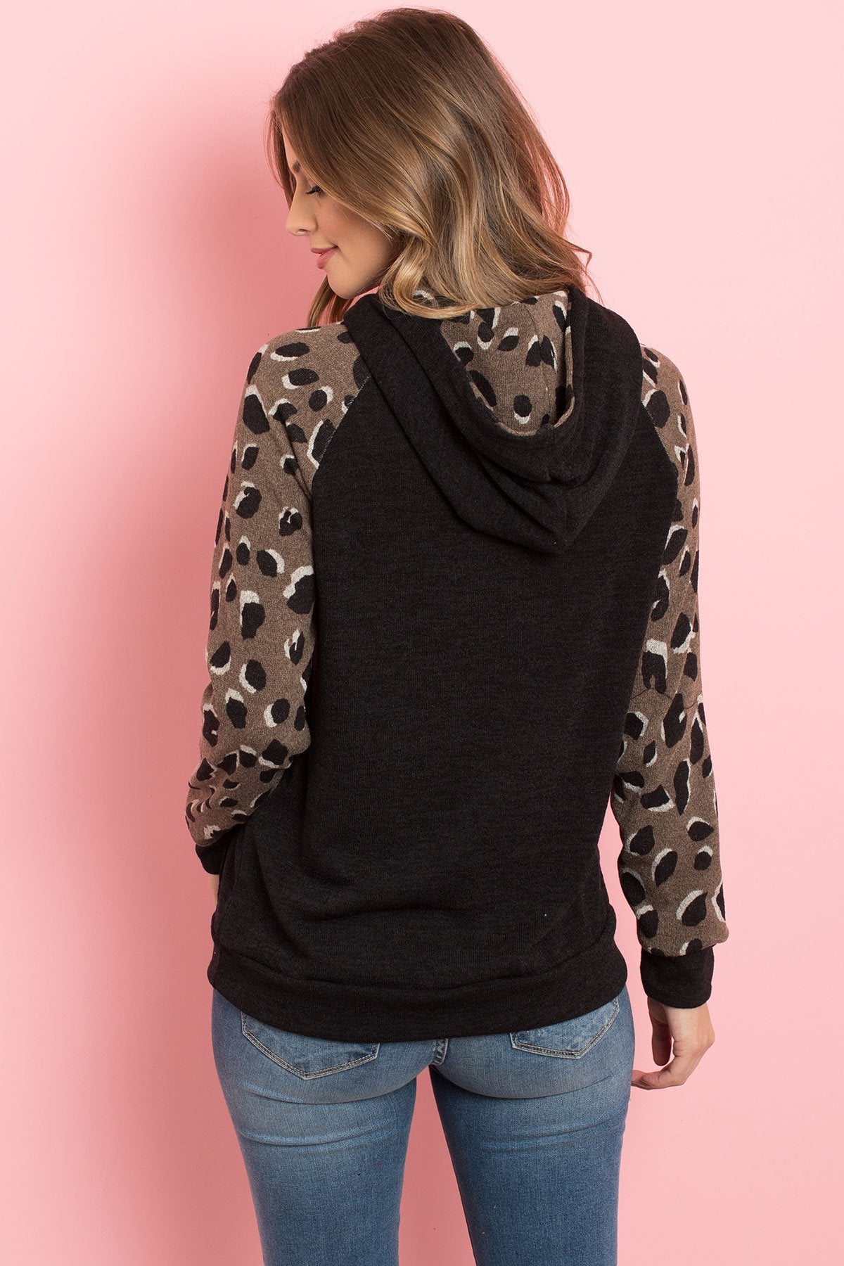 Self Tie Leopard Contrast Kangaroo Pocket Hoodie
