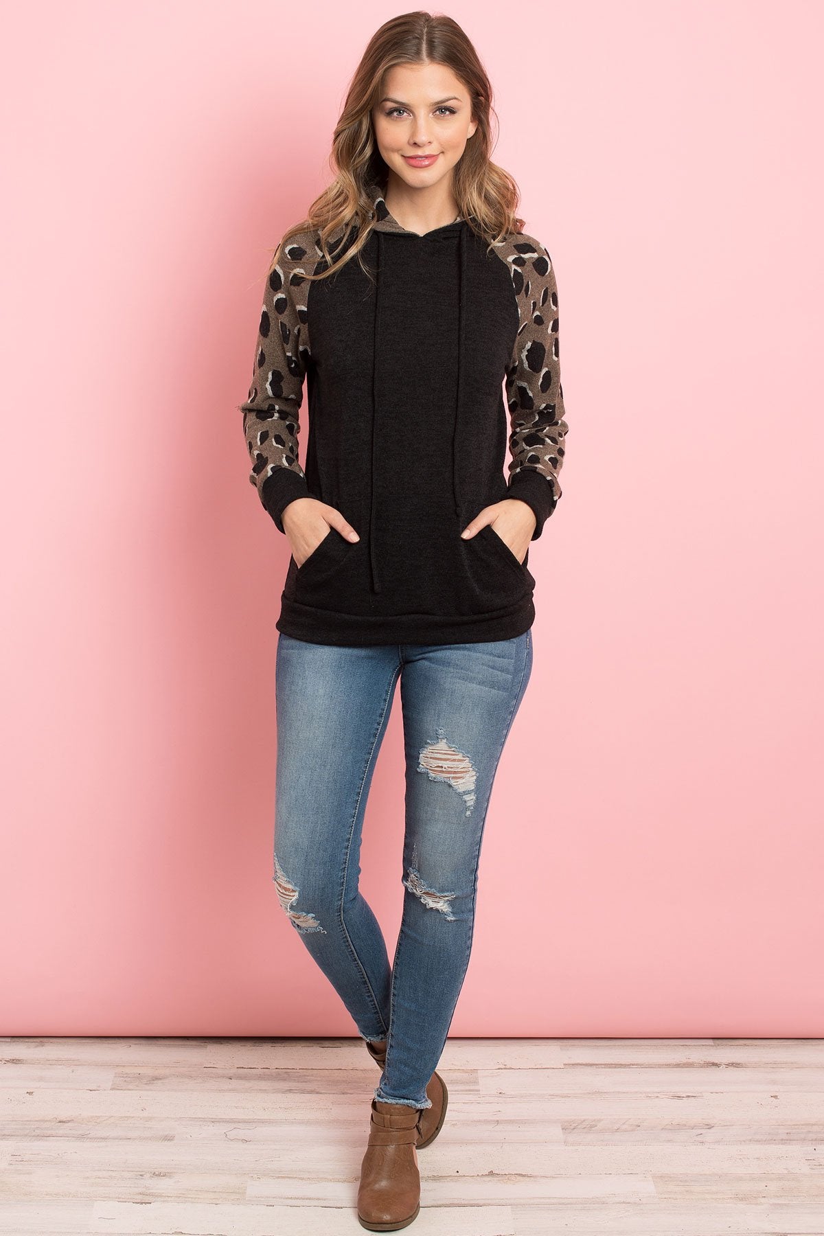 Self Tie Leopard Contrast Kangaroo Pocket Hoodie