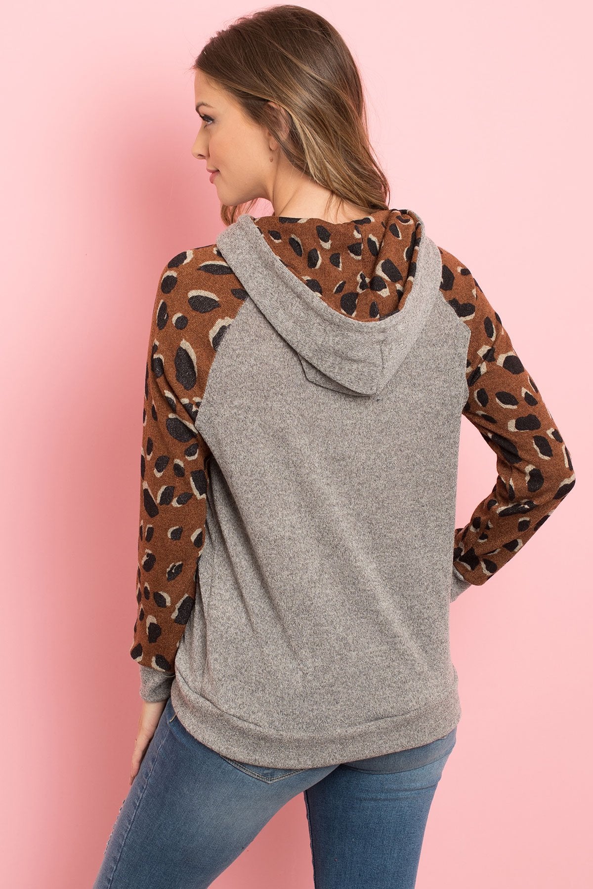 Self Tie Leopard Contrast Kangaroo Pocket Hoodie
