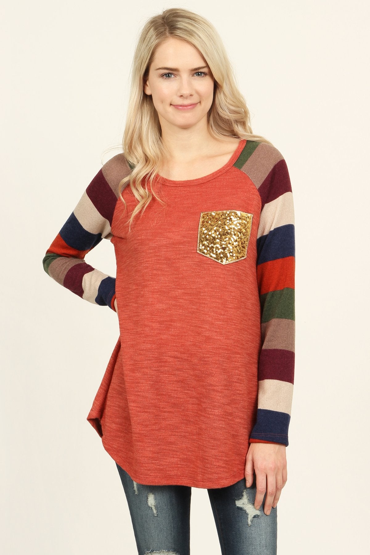 Sequin Pocket Striped Sleeve Tunic