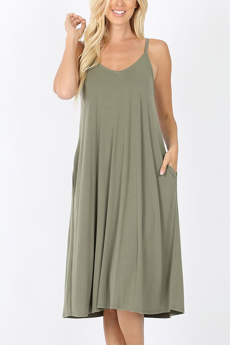 Premium Fabric V-Neck Cami Knee Length Dress