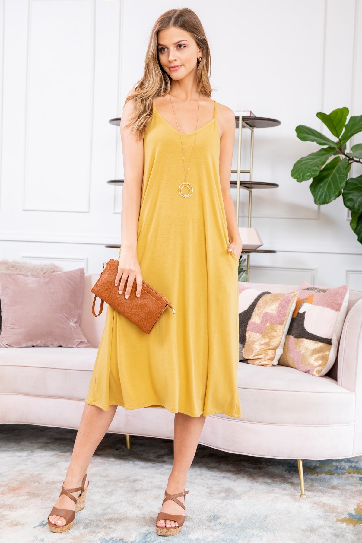 Premium Fabric V-Neck Cami Knee Length Dress