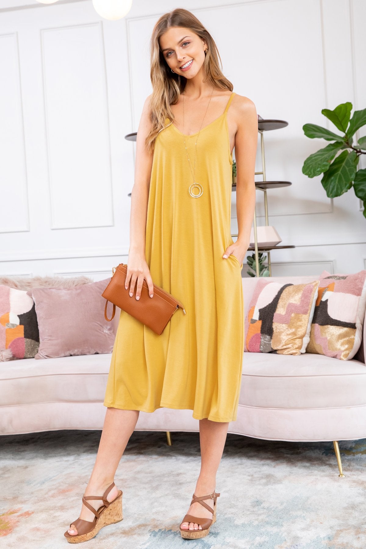 Premium Fabric V-Neck Cami Knee Length Dress
