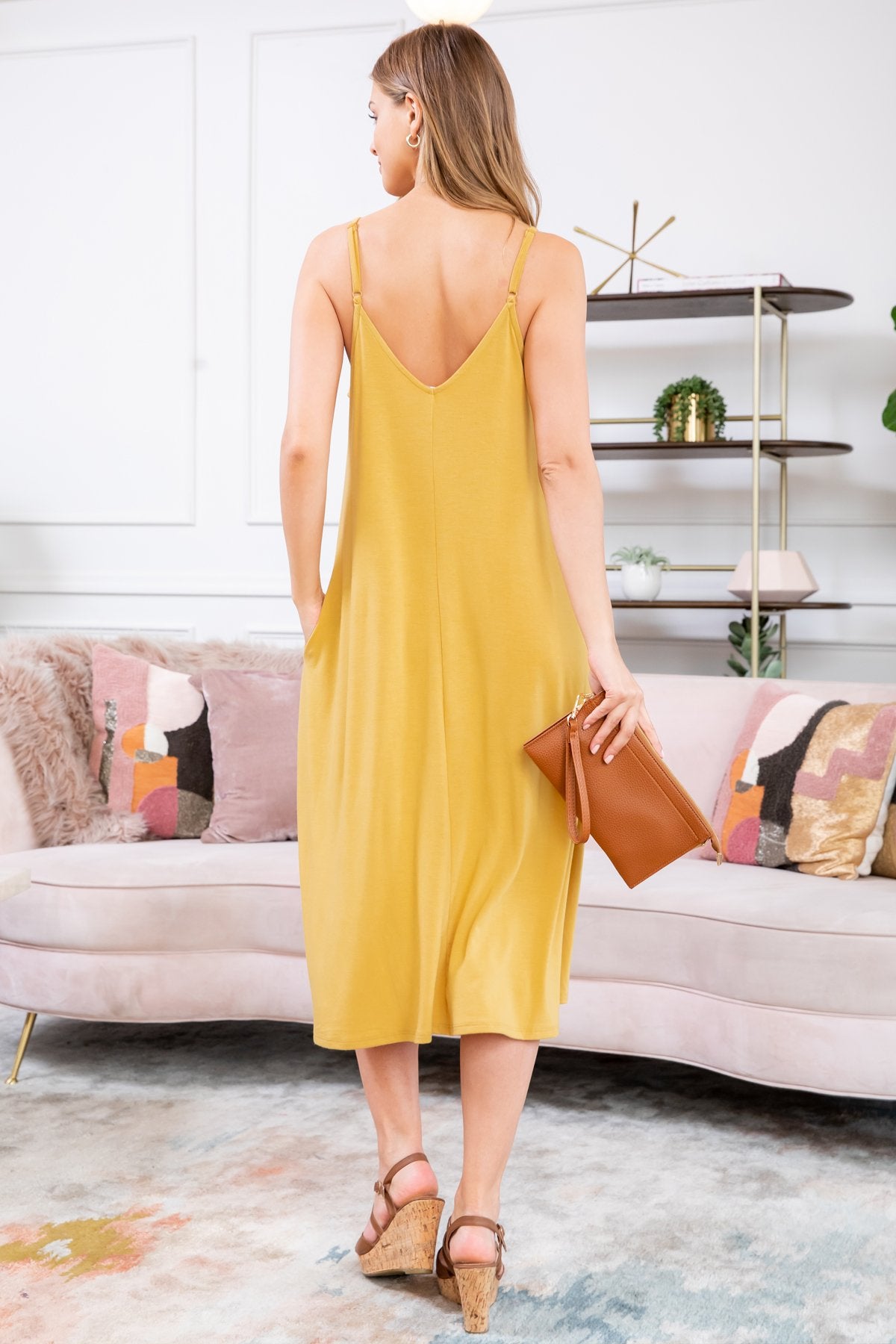 Premium Fabric V-Neck Cami Knee Length Dress