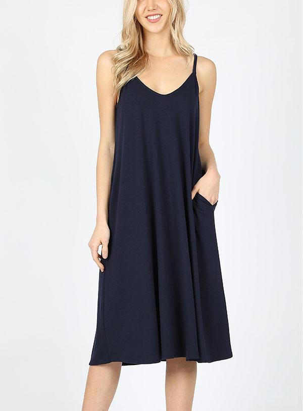 Premium Fabric V-Neck Cami Knee Length Dress