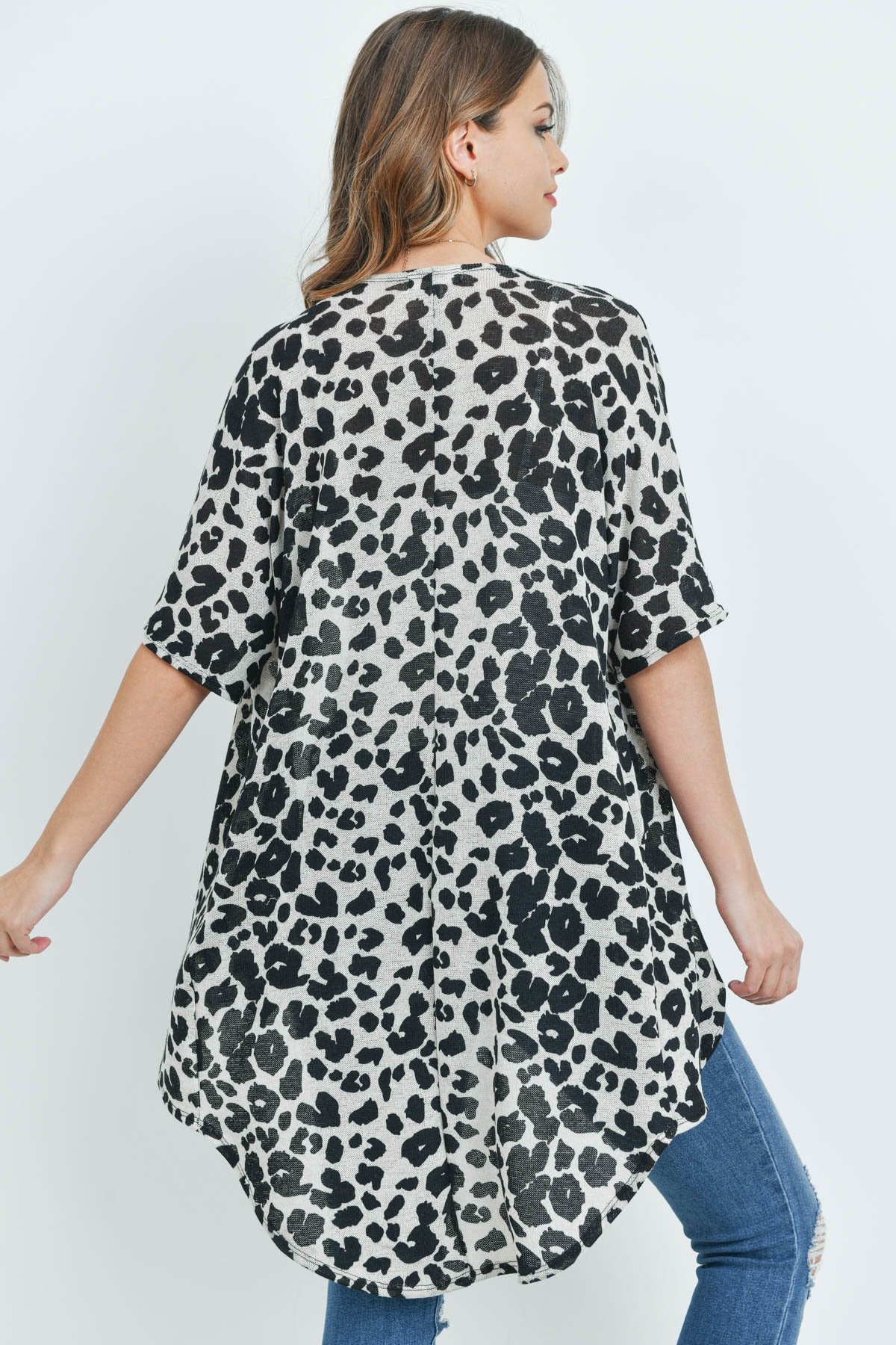 Leopard Short Sleeves Open Front Hi-Low Cardigan