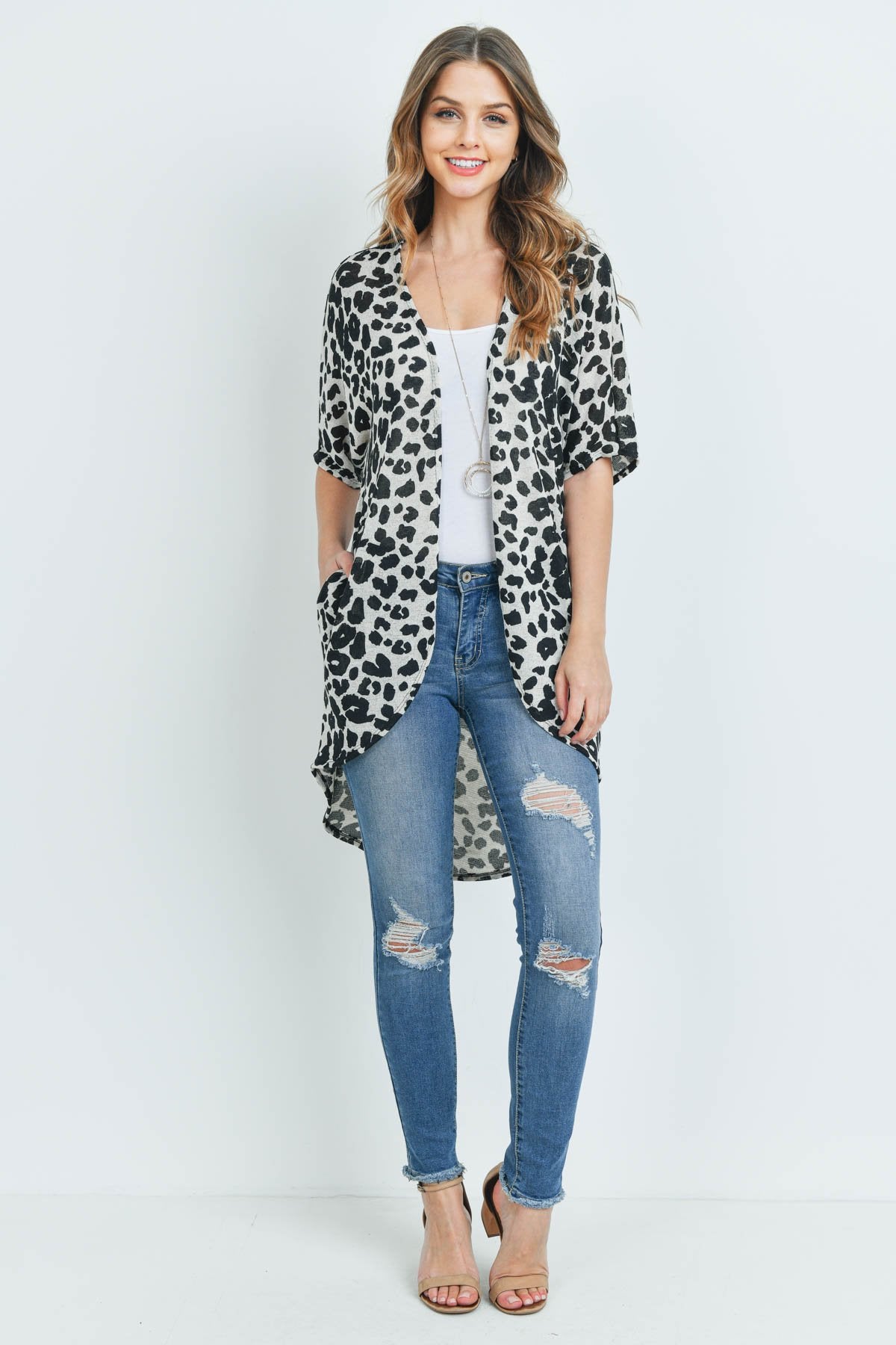 Leopard Short Sleeves Open Front Hi-Low Cardigan
