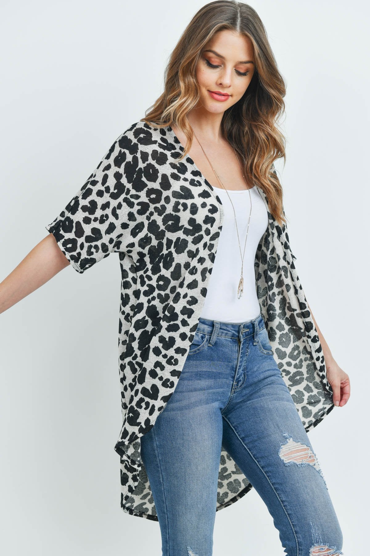 Leopard Short Sleeves Open Front Hi-Low Cardigan