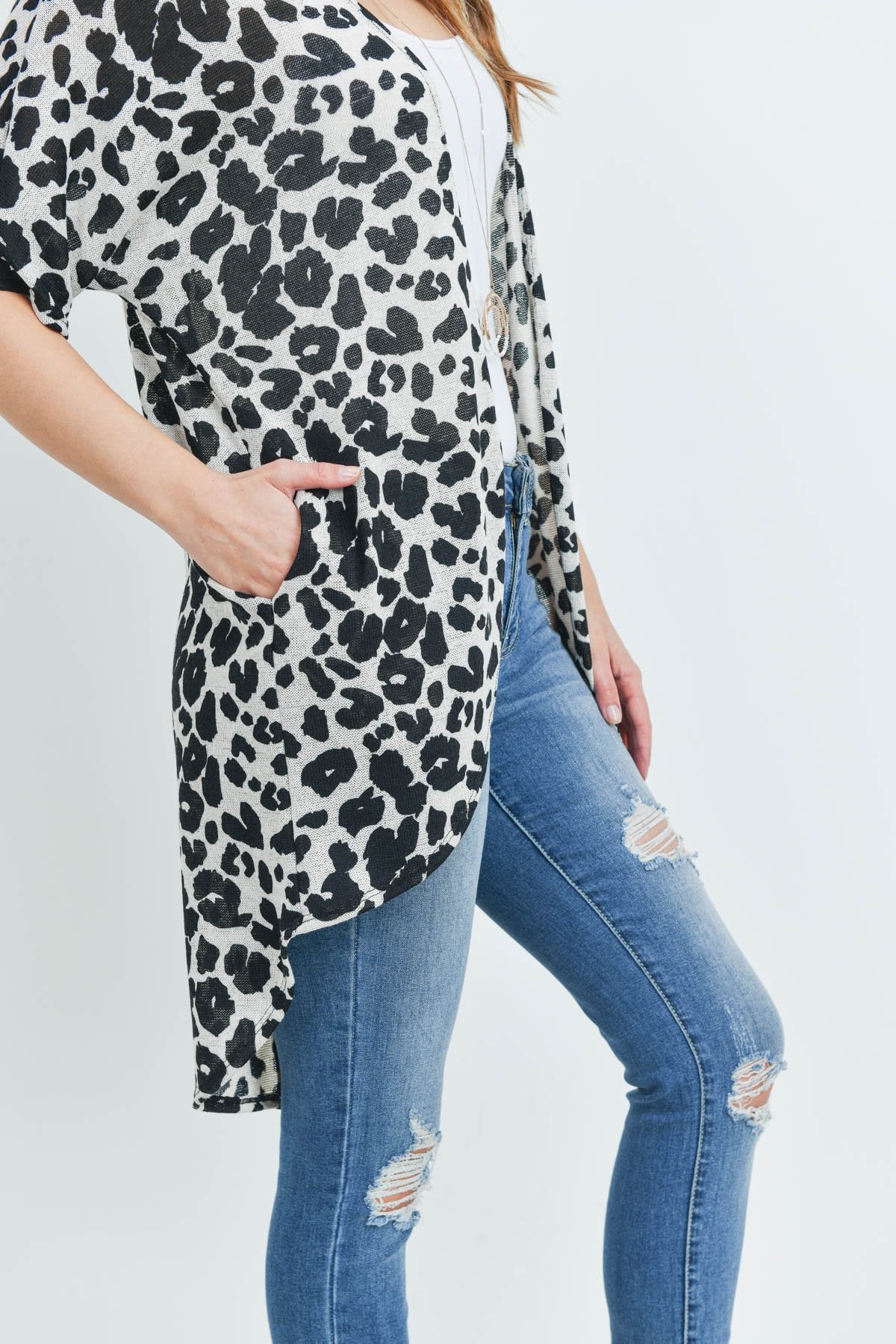 Leopard Short Sleeves Open Front Hi-Low Cardigan
