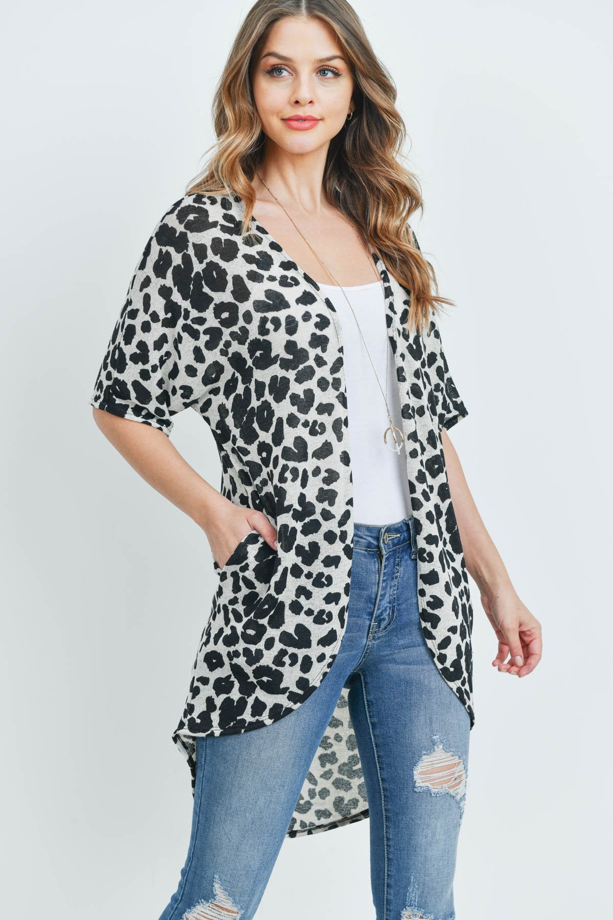 Leopard Short Sleeves Open Front Hi-Low Cardigan