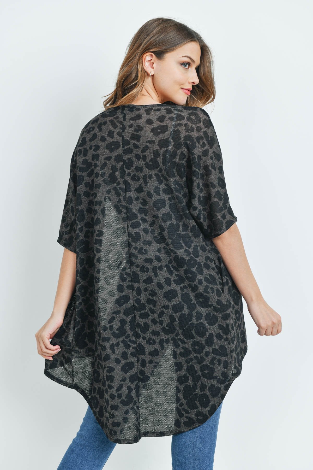 Leopard Short Sleeves Open Front Hi-Low Cardigan