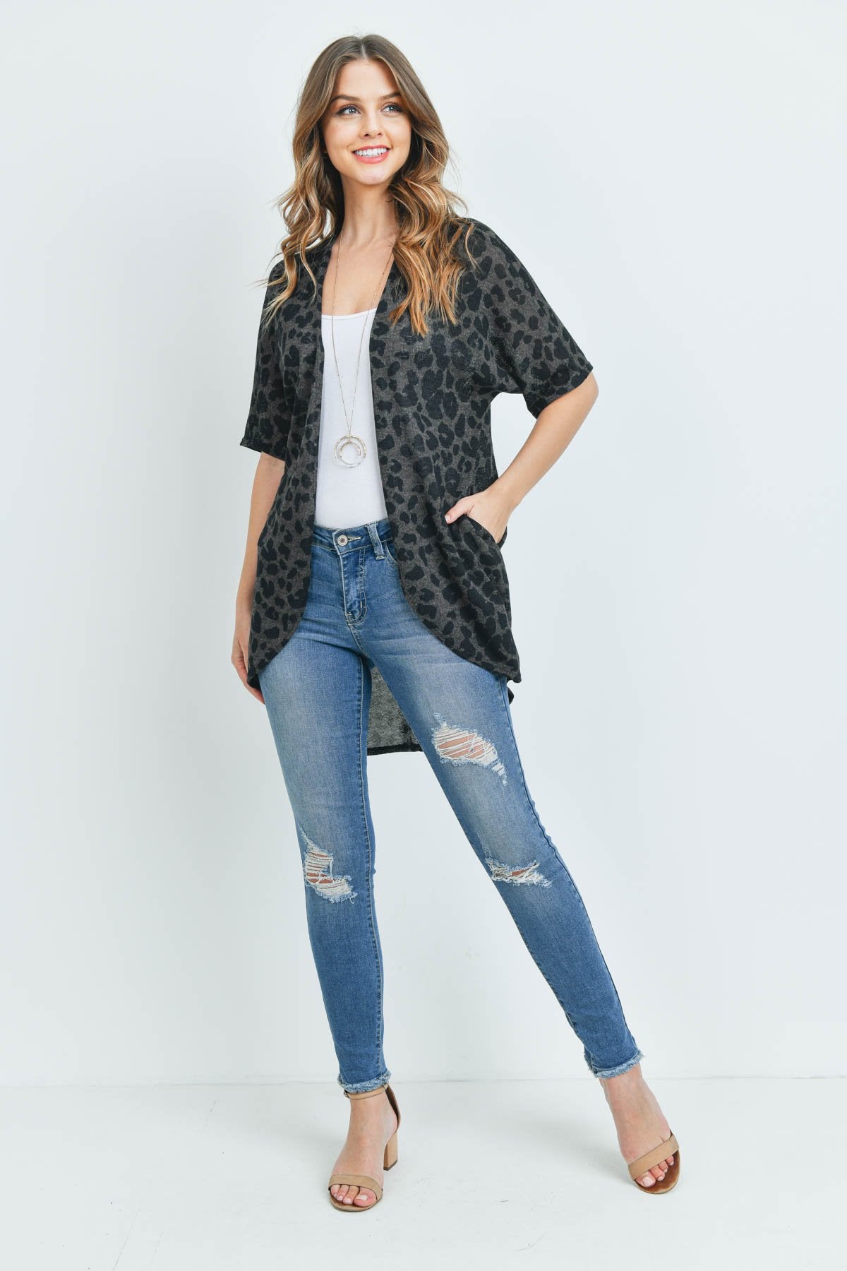 Leopard Short Sleeves Open Front Hi-Low Cardigan