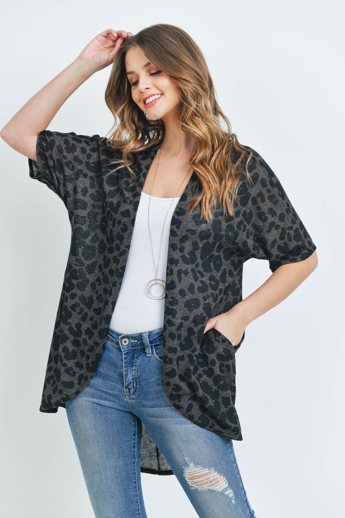 Leopard Short Sleeves Open Front Hi-Low Cardigan