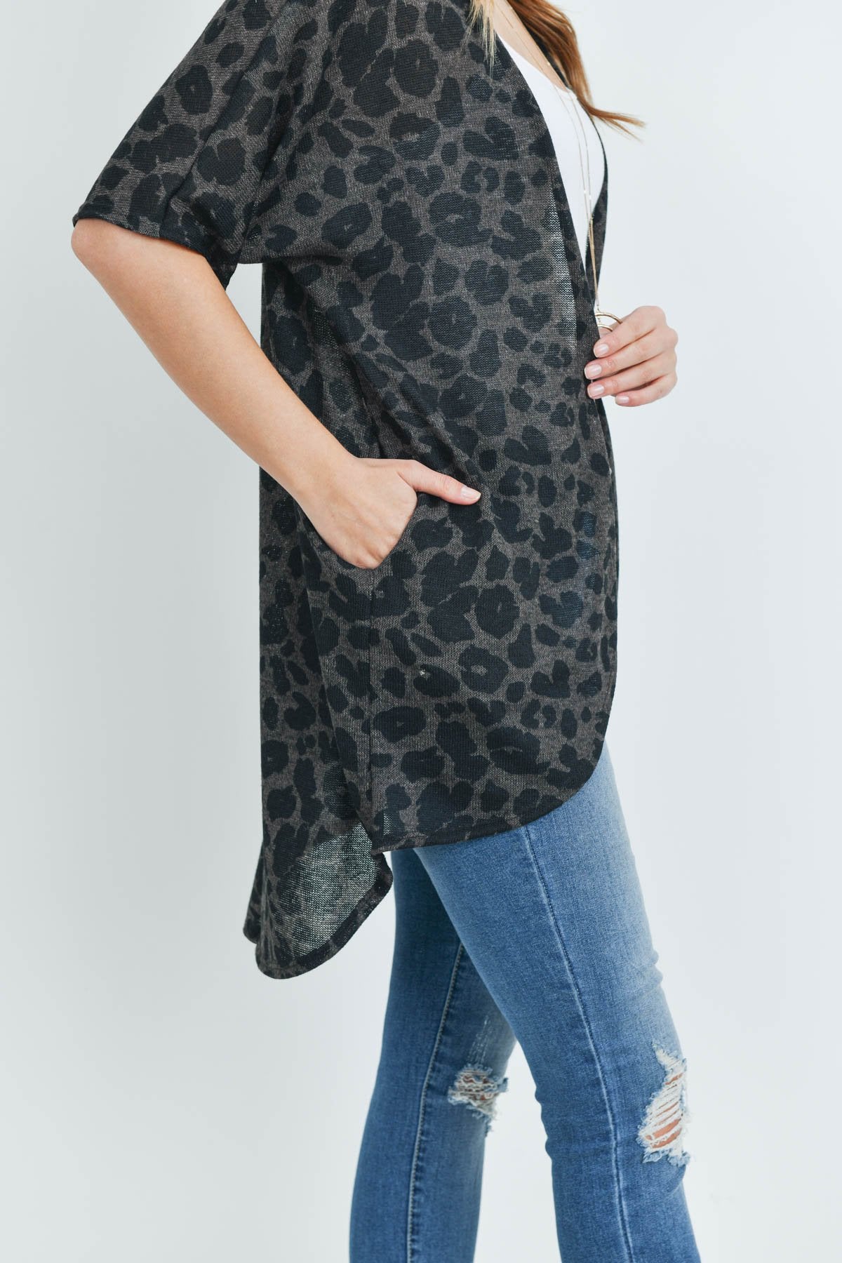 Leopard Short Sleeves Open Front Hi-Low Cardigan