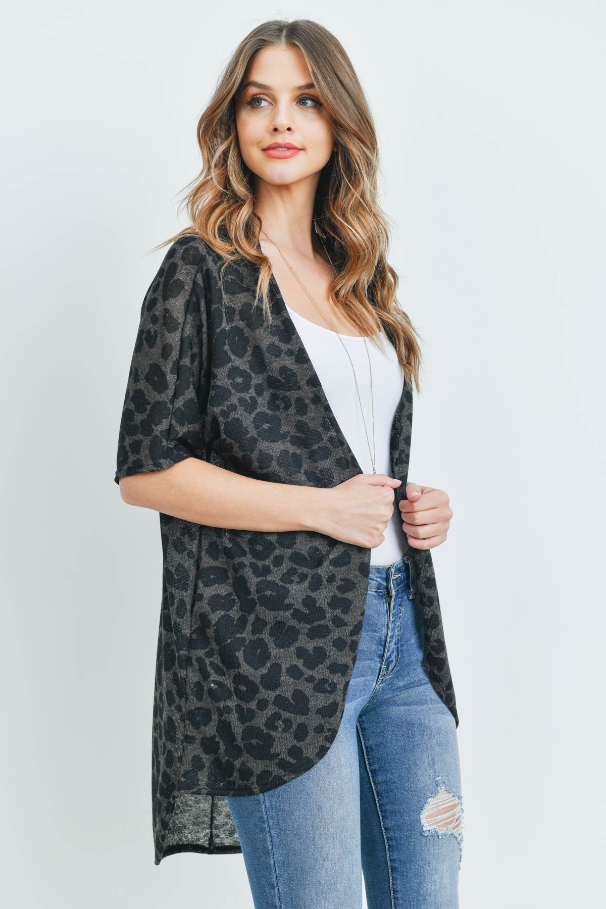 Leopard Short Sleeves Open Front Hi-Low Cardigan