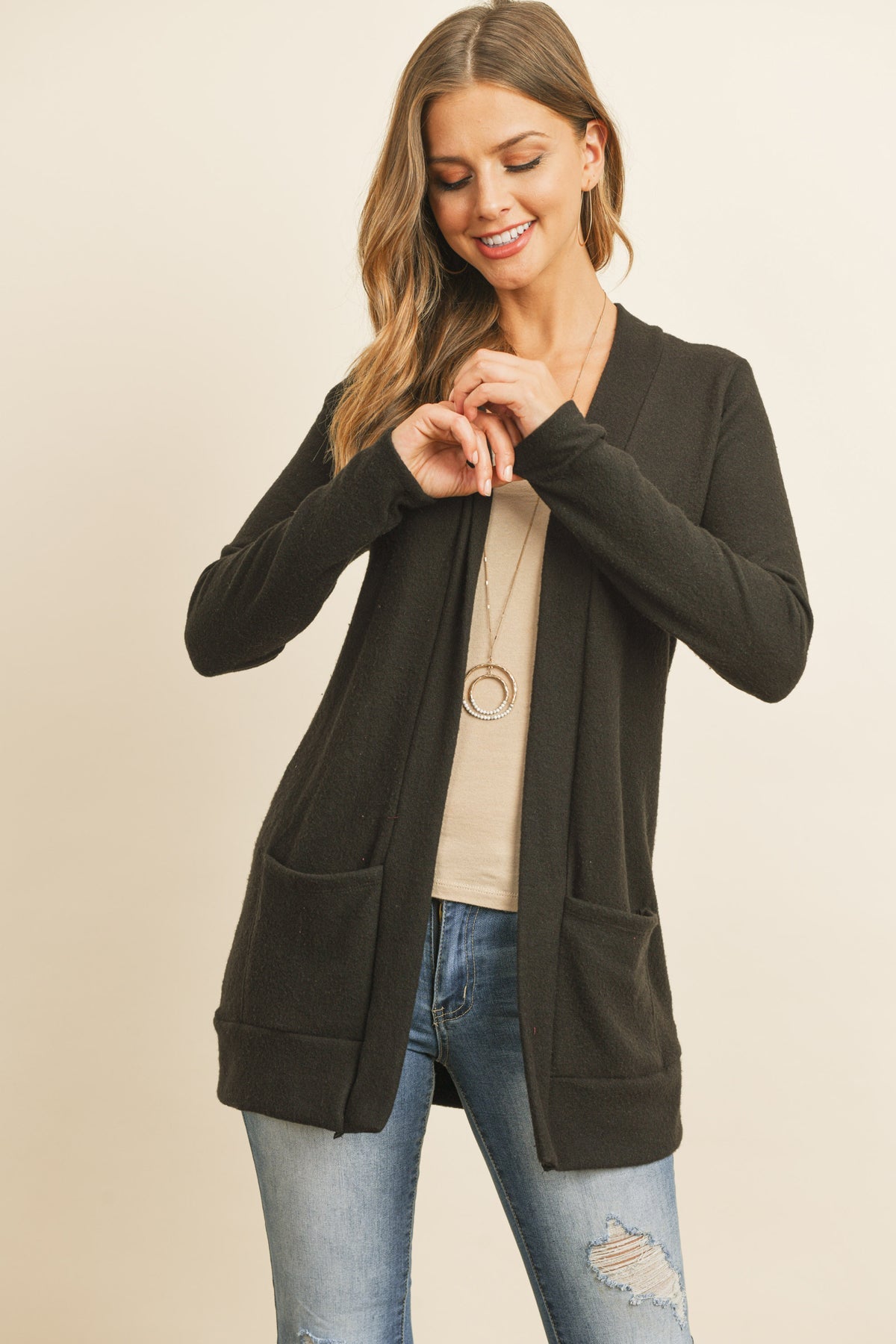 Hacci Brushed Open Front Cardigan