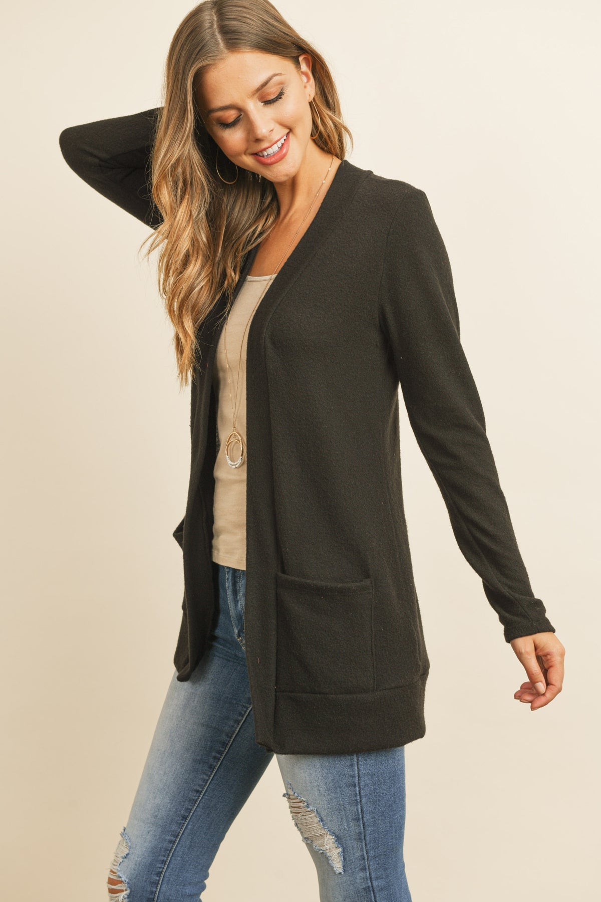 Hacci Brushed Open Front Cardigan
