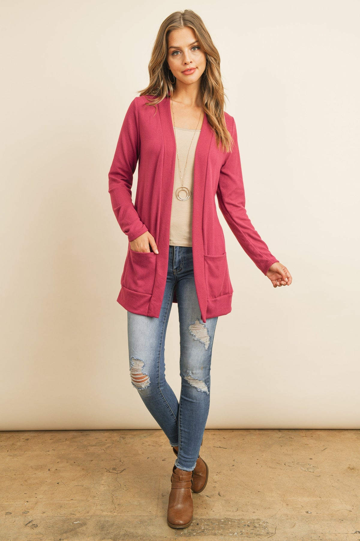Hacci Brushed Open Front Cardigan