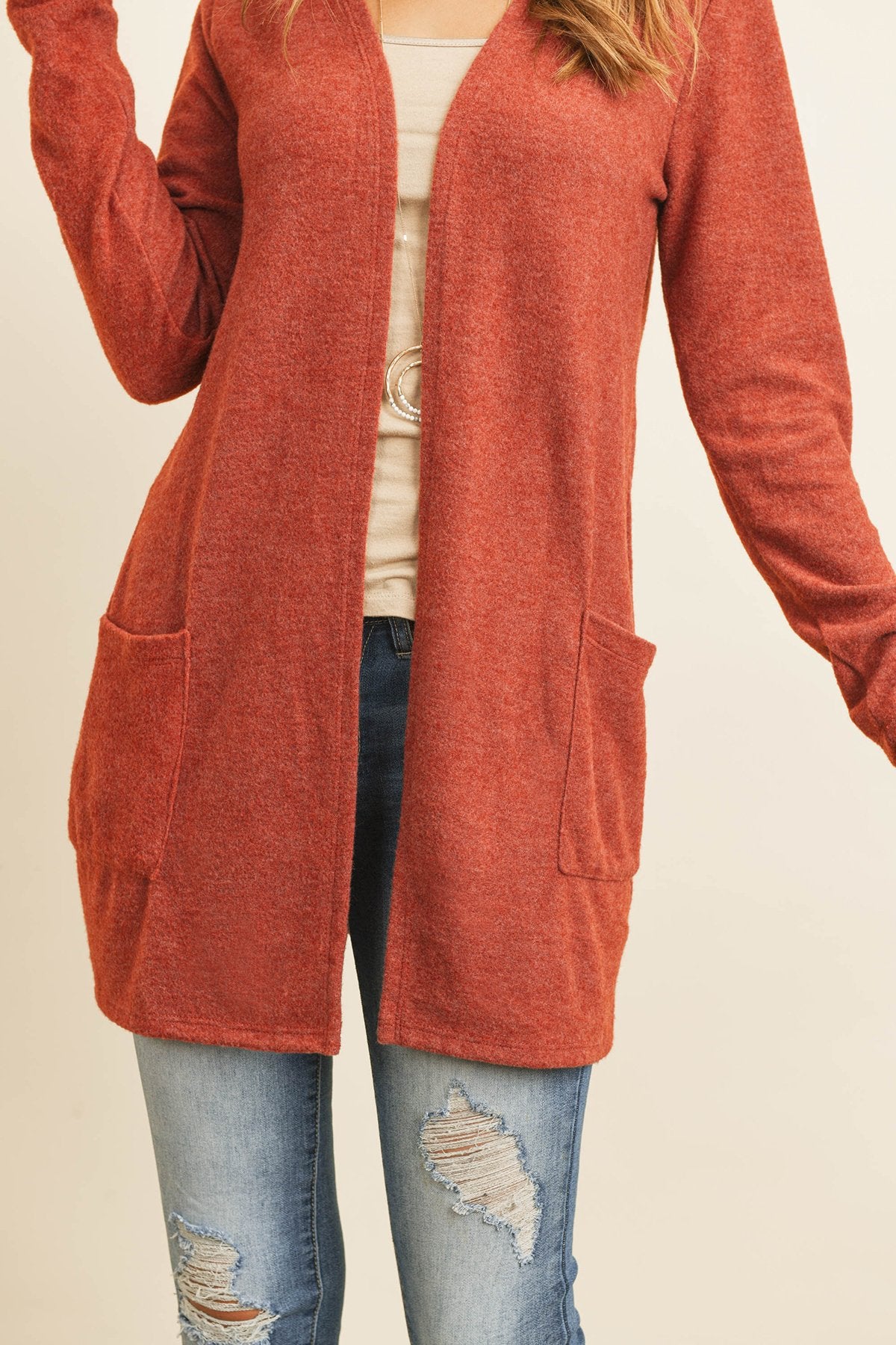 Solid Long Sleeved Open Front Pocket Cardigan